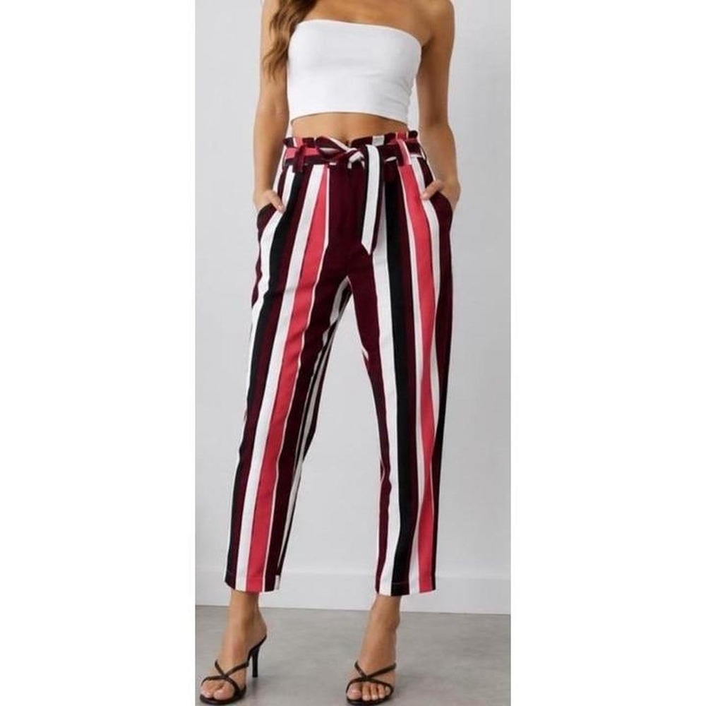 NWOT Express Striped High Rise Ankle Career Business Work Belted Pants